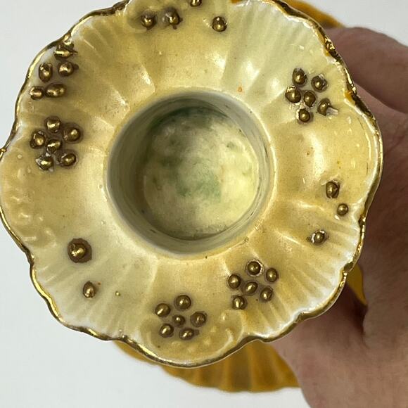 Antique Candlestick Candle Holder Yellow Brown White Daisy Hand Painted Gold - Picture 7 of 14